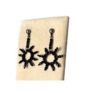 NEW Czech Republic Crystal Seed Pearl Earrings Dangle Flower Sun Hook Black